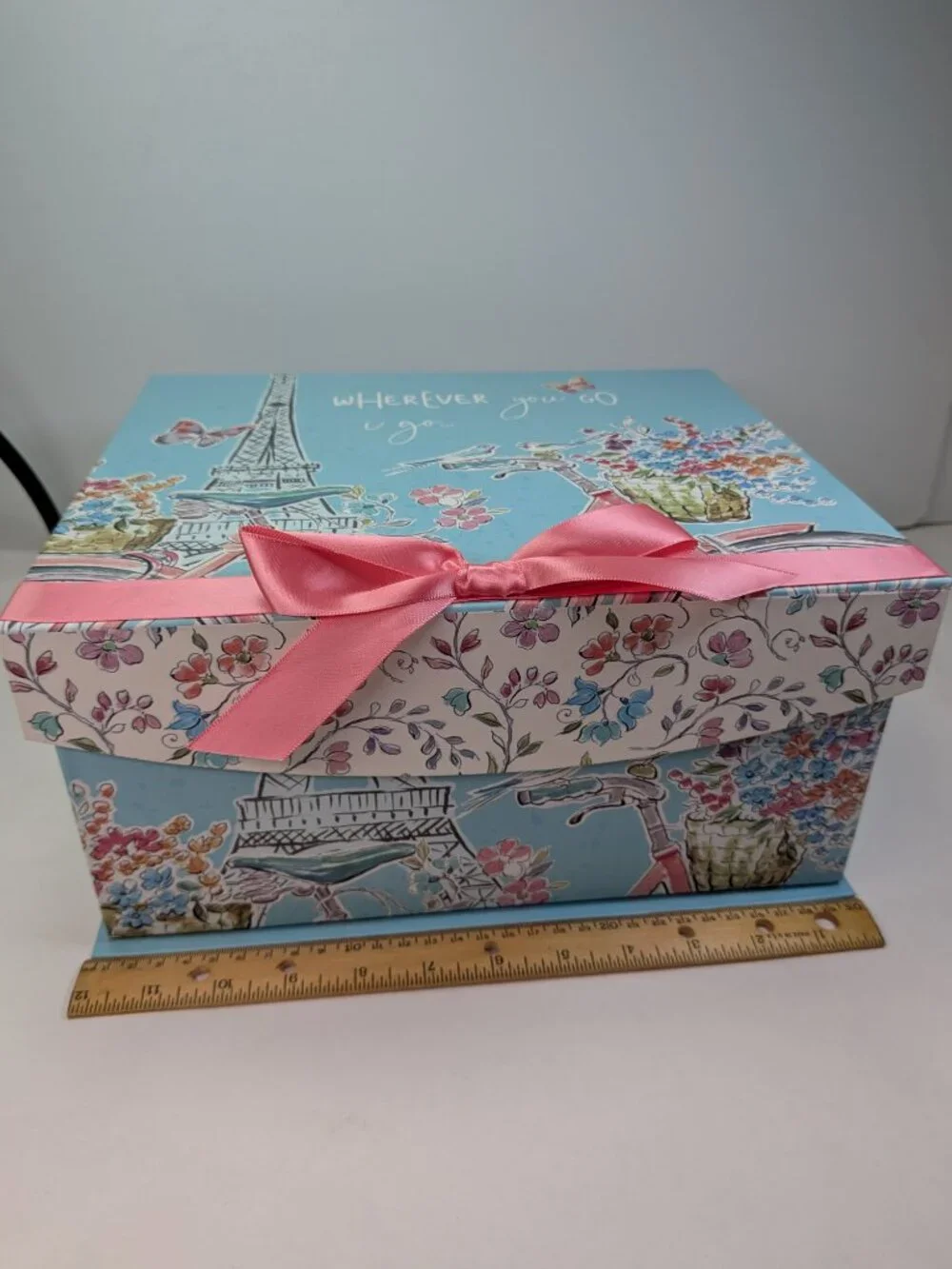 Paris France Storage Box Eiffel Tower Pink Ribbon Spring Floral Blue